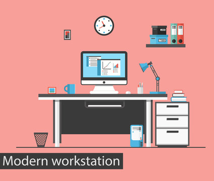 Flat design vector illustration of modern creative office workstation. Office interior.