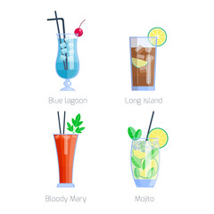 Set of alcoholic cocktails isolated fruit cold drinks tropical cosmopolitan freshness collection and party alcohol sweet tequila vector illustration.