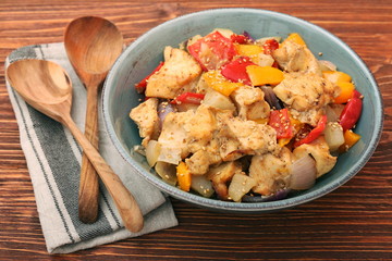 Chicken breast braised pear peppers and onions