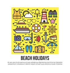 Beach holidays information banner vector illustration. Cruise related icons