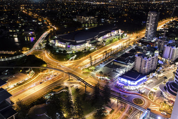 Fototapeta na wymiar Gold Coast Broadbeach aerial nightscape with the Convention and Exhibition Centre 