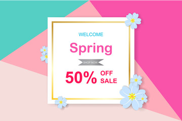 Spring sale background with beautiful colorful flower. Vector illustration template.banners.Wallpaper, invitation, posters, brochure, voucher discount.