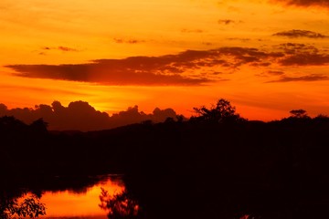 sunset beautiful colorful landscape and silhouette tree water reflexion in sky twilight time