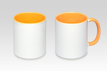 Two positions of a white mug on a gray background