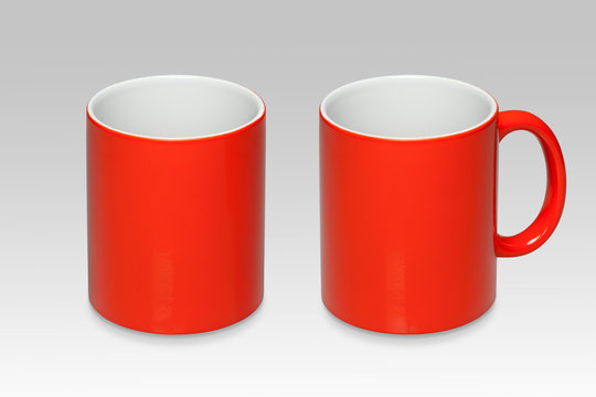 Two positions of a red mug on a gray background