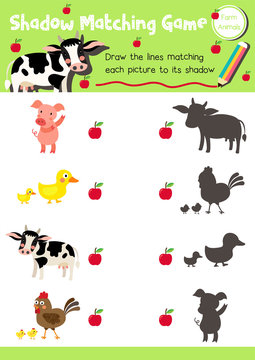 Shadow matching game of farm animals for preschool kids activity worksheet layout in A4 colorful printable version. Vector Illustration.