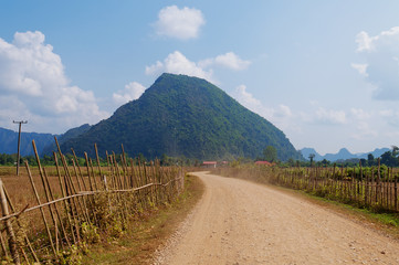Fototapeta na wymiar On a rural road. Vang Vieng. Laos.