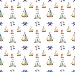 Watercolor seamless nautical pattern. Hand drawn cartoon background with sea elements: a boat, lighthouse, lifebuoy, Rose of Wind, blue stripes and frame on white background. - 142872698
