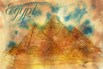 Hand drawn illustration with Egyptian pyramids styled as old card