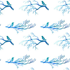 seamless pattern with blue watercolor birds