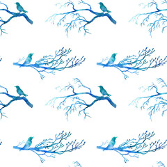 Naklejka premium seamless pattern with blue watercolor birds