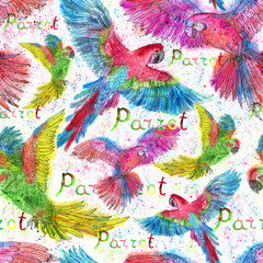 Seamless background with parrots and brush drops on white