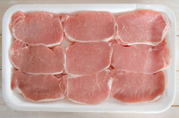 Boneless pork chops on a styrofoam tray