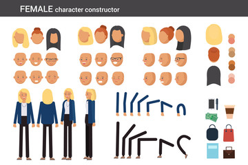 Female character constructor for different poses. Set of various women's faces, hairstyles, hands, legs and accessories. Vector flat style illustration.