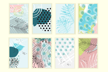Universal floral posters set. Creative hand drawn textures with palm leaves. Tropical madness cards for wedding, anniversary, birthday, Valentin's day, party invitations. © fleren