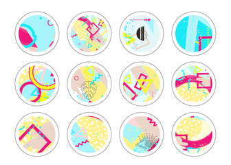 Fototapeta premium Set of decor elements and stickers with geometric textures. Vector trendy art with geometric figures. Beautiful Scrapbook Elements. Ideal for cards, posters, invitations.