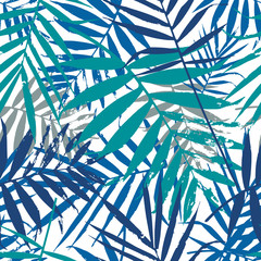 Fototapety  Tropikalne liście palmowe, dżungla pozostawia bezszwowe wektor kwiatowy wzór. Bezszwowe egzotyczne tło z tropikalnymi niebieskimi liśćmi. Ilustracja wektorowa.