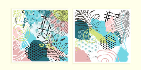 Universal floral cards set. Creative hand drawn texturesin tropic style. Tropical madness cards for wedding, anniversary, birthday, Valentin's day, party invitations.