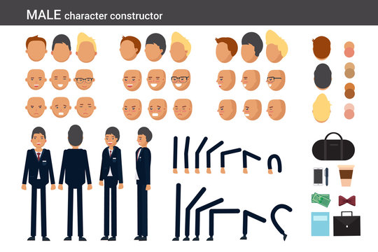 Male character constructor for different poses. Set of various men's faces, hairstyles, hands, legs and accessories. Vector flat style illustration.