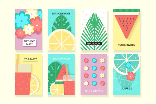 Universal summer posters set. Creative flat style textures with fruits and cocktail. Tropical summer cards for wedding, anniversary, birthday, party invitations.