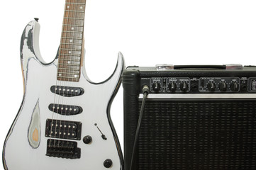 Vintage Electric Guitar and an Amplifier Isolated on a White Background