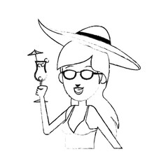 young pretty woman in bathing suit holding cocktail  cartoon icon image vector illustration design  black sketch line
