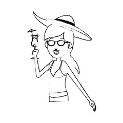 young pretty woman in bathing suit holding cocktail  cartoon icon image vector illustration design  black sketch line