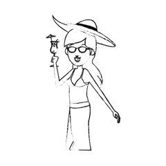 young pretty woman in bathing suit holding cocktail  cartoon icon image vector illustration design  black sketch line