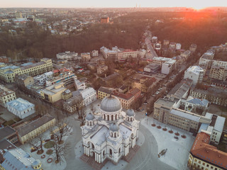 Aerial view of St. Michael the Archangel's Church or the Garrison Church in early morning. Sunrise time.