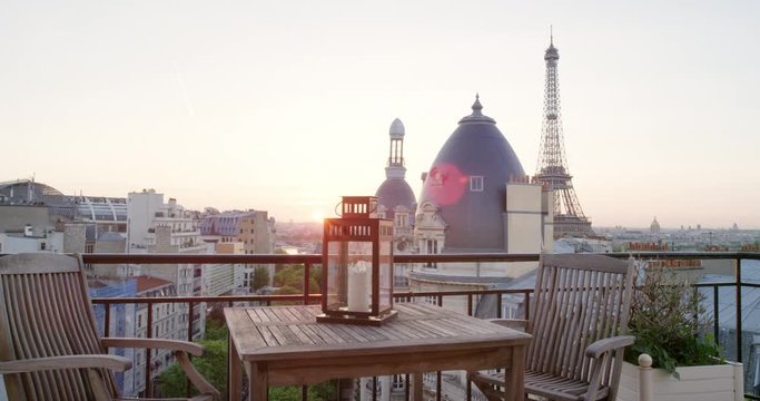 Sunrise view Eiffel Tower Paris from hotel balcony watching 360 video imagination concept at sunset