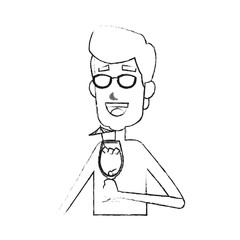 young man in bathing suit with cocktail cartoon icon image vector illustration design  black sketch line