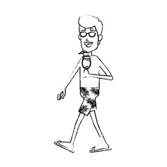 young man in bathing suit with cocktail cartoon icon image vector illustration design  black sketch line