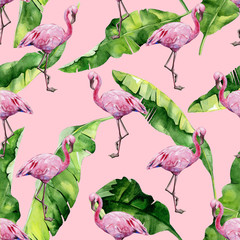 Obraz premium Tropical leaves, dense jungle. Banana palm leaves Seamless watercolor illustration of tropical pink flamingo birds. Trendy pattern with tropic summertime motif. Exotic Hawaii art background. 