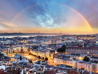 Lisbon with rainbow - Lisboa cityscape, Portugal