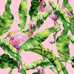 Fototapeta premium Tropical leaves, dense jungle. Banana palm leaves Seamless watercolor illustration of tropical pink flamingo birds. Trendy pattern with tropic summertime motif. Exotic Hawaii art background. 