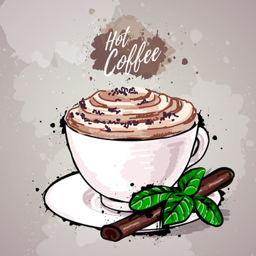 Hand drawn illustration of cup of coffee or hot chocolate