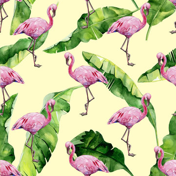 
    Tropical leaves, dense jungle. Banana palm leaves Seamless watercolor illustration of tropical pink flamingo birds. Trendy pattern with tropic summertime motif. Exotic Hawaii art background. 