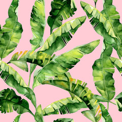 Seamless watercolor illustration of tropical leaves, dense jungle. Pattern with tropic summertime motif may be used as background texture, wrapping paper, textile,wallpaper design. Banana palm leaves  - 142877874