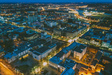 Drone aerial image of city at night. Kaunas, Lithuania