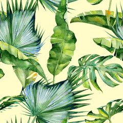 Seamless watercolor illustration of tropical leaves, dense jungle. Pattern with tropic summertime motif may be used as background texture, wrapping paper, textile,wallpaper design. Banana palm leaves 