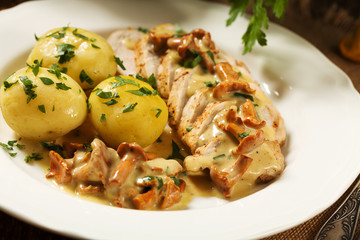 Roasted chicken breast served in a mushroom chanterelle sauce.
