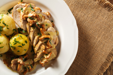 Roasted chicken breast served in a mushroom chanterelle sauce.