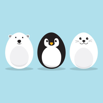 Egg Shaped arctic animals Character Set for Easter day, Easter eggs paint. A Cute Polar Bear, Penguin, Baby Seal Pup character on sky blue background Flat design vector illustration.