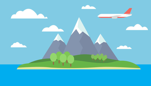 Cartoon view of the island in the sea with mountain landscape with red flying airliner with trees on the hills and snow on the peaks under a blue sky with clouds - vector