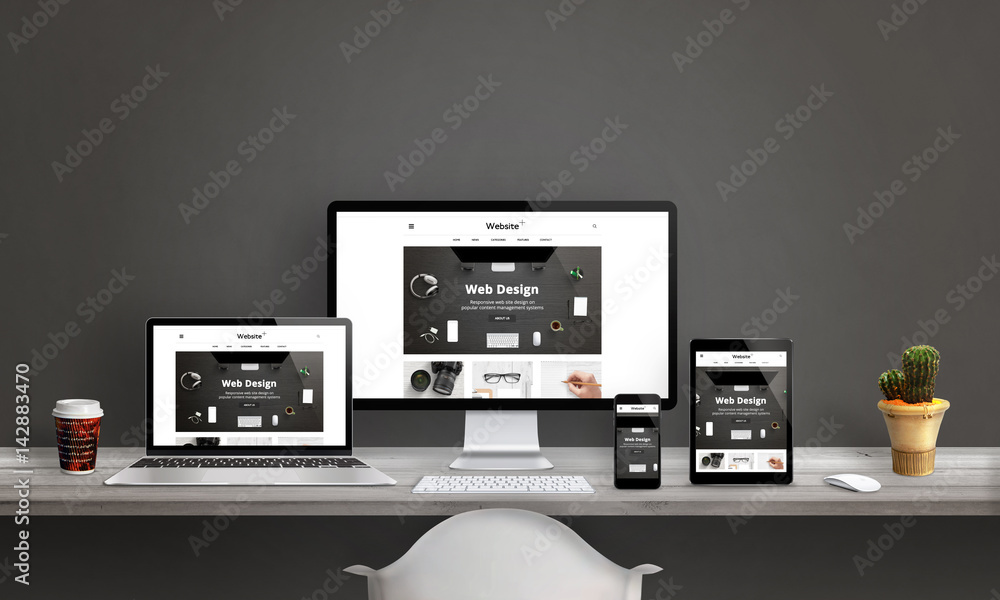 Poster Web design studio with responsive web site promotion. Computer display, laptop, tablet and smart phone mockup on office desk. Plant and coffee beside.