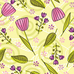 Abstract floral background. Seamless pattern with hand drawn bright flowers, leaves and scribbles.