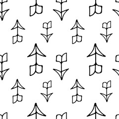 Tribal vintage black arrows on white background. Seamless vector graphic pattern in native american style. For web page background, pattern fill, wallpaper, card, textile. Hand drawn.