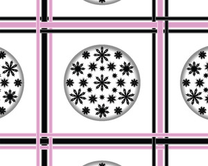 Abstract geometric wallpaper floral circles and pink  black bars ribbons