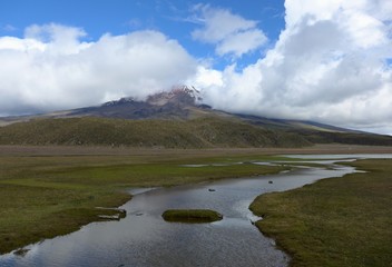 Small stream flowing through open grass land on a blue sky day in the Cotopaxi National Park, Volcan Cotopaxi behind in the clouds. 