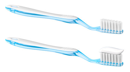 Toothbrush with paste and without set of 3d images isolated on white